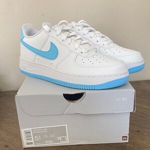 Nike Kids Air Force 1 GS White and Aquarius Blue Low Top Sneakers